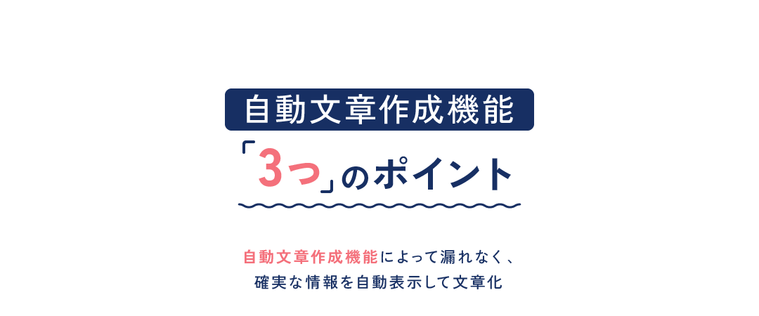 自動文章作成機能 3つのポイント 自動文章作成機能によって漏れなく、確実な情報を自動表示して文章化